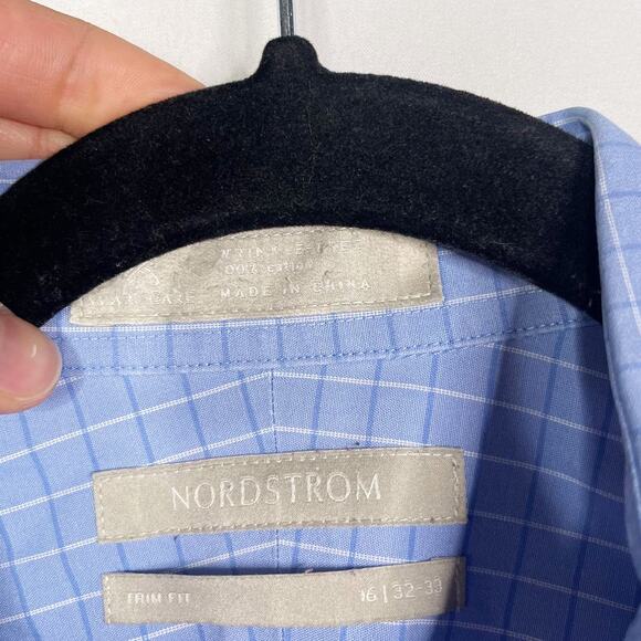Nordstrom Men 16 /32-33 Blue Plaid Trim Fit Button Down Dress Shirt Wrinkle Free - Picture 8 of 9